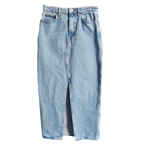 Mango MNG Women's Medium Wash Slit Denim Straight Maxi Skirt Timeless Size S - Picture 2 of 16